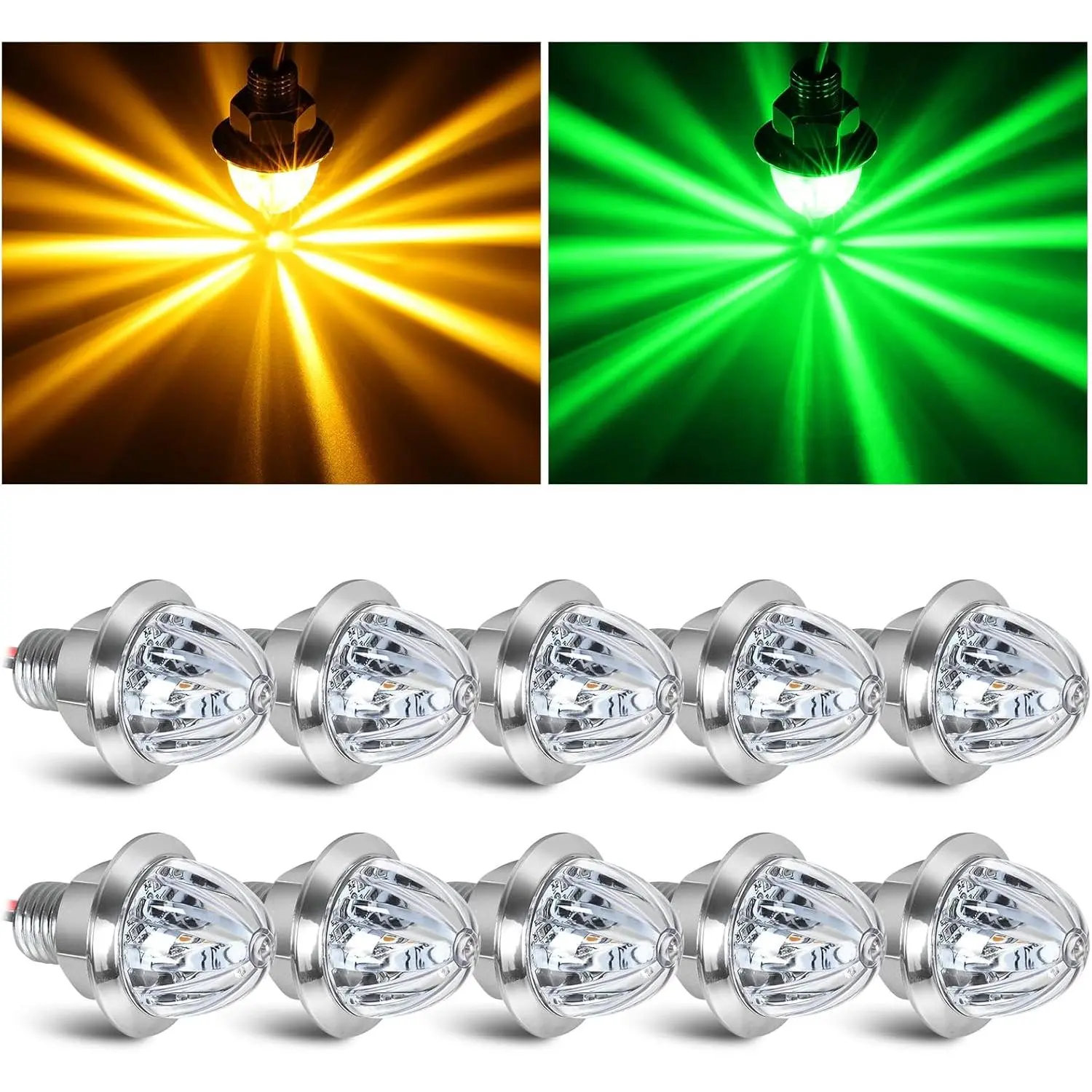 10PCS Mini Watermelon LED Lights, 3/4 Inch Dual Revolution Dual Signal Shift Amber to Green Aux Signal, IP65 Waterproof Side Clearance Tail Griller Lights for 12V Trailers Trucks
