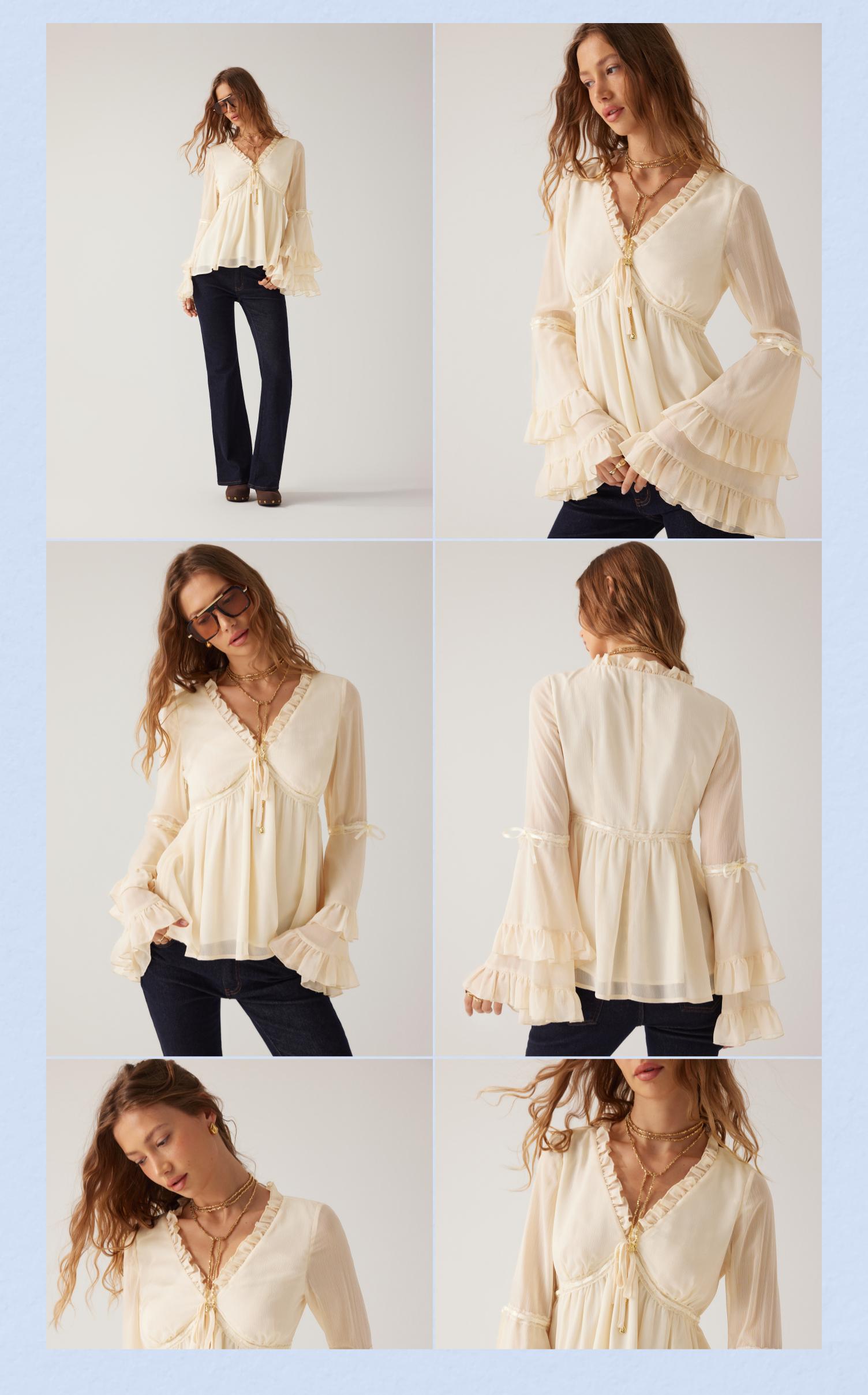 Cider Chiffon V-Neck Knotted Ruffled Bell Sleeve Blouse