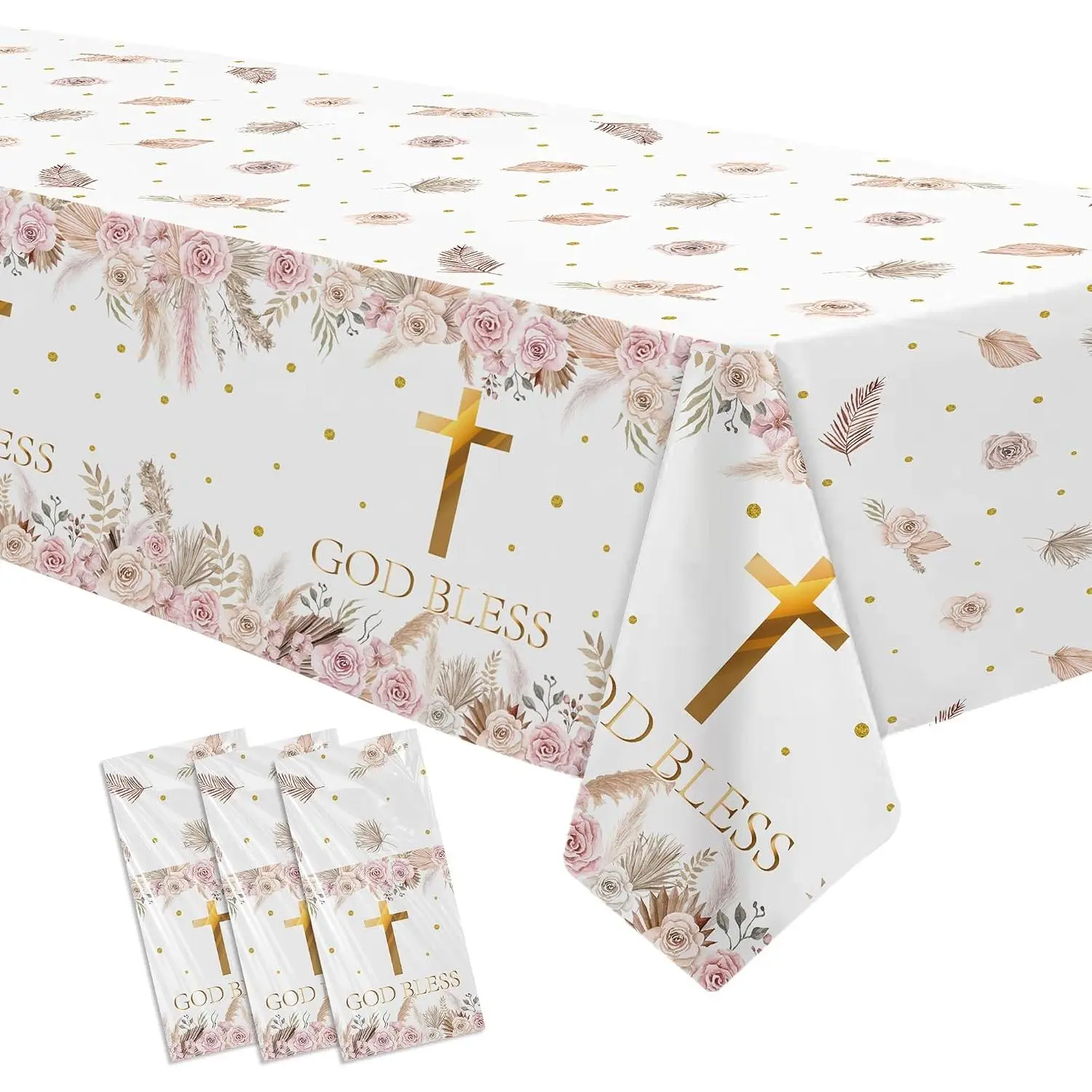 Boho God Bless Baptism Decorations Tablecloth, 3 count Disposable Pampas Grass First Communion Decorations Party Supplies Tablecover, 86in x 55in