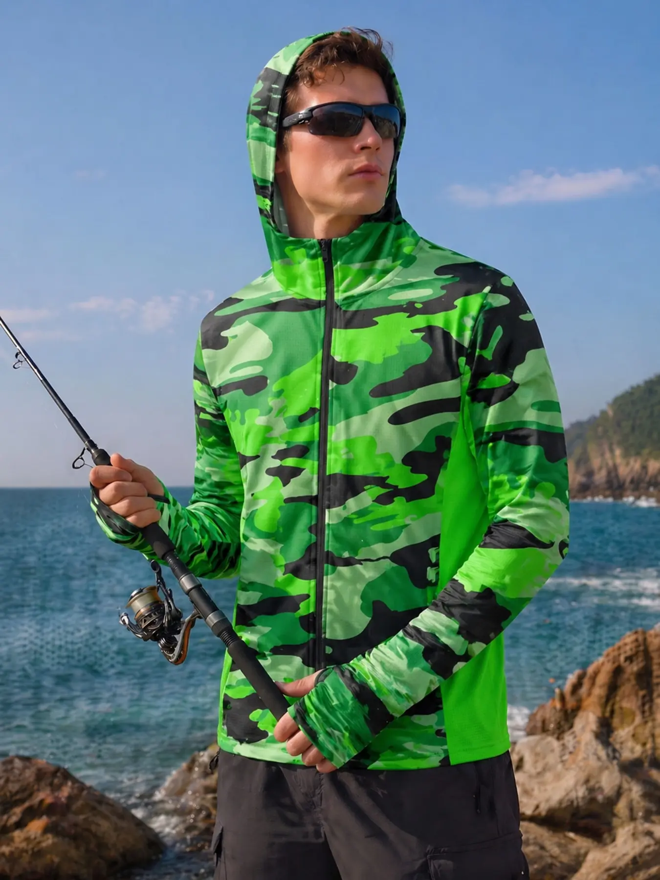 2026 Full-Zip Hooded Fishing Jacket, UV Protection, Long Sleeve, Bright Lime Camo, Comfortable, Hidden Profile, Freshwater Fishing