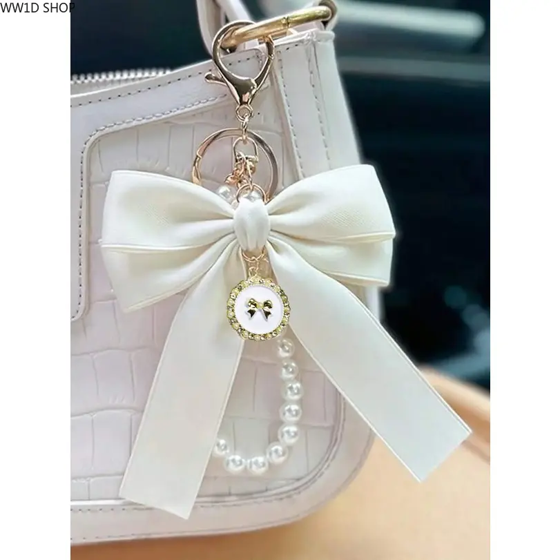 Elegant Satin Ribbon Bowknot Bag Charm Keychain - Bag Chains and Charms with Bow Pearl Chain, Casual Commute Handbag-Backpack-Car Pendant, Auspicious Anniversary Gifting Fashion Accessory