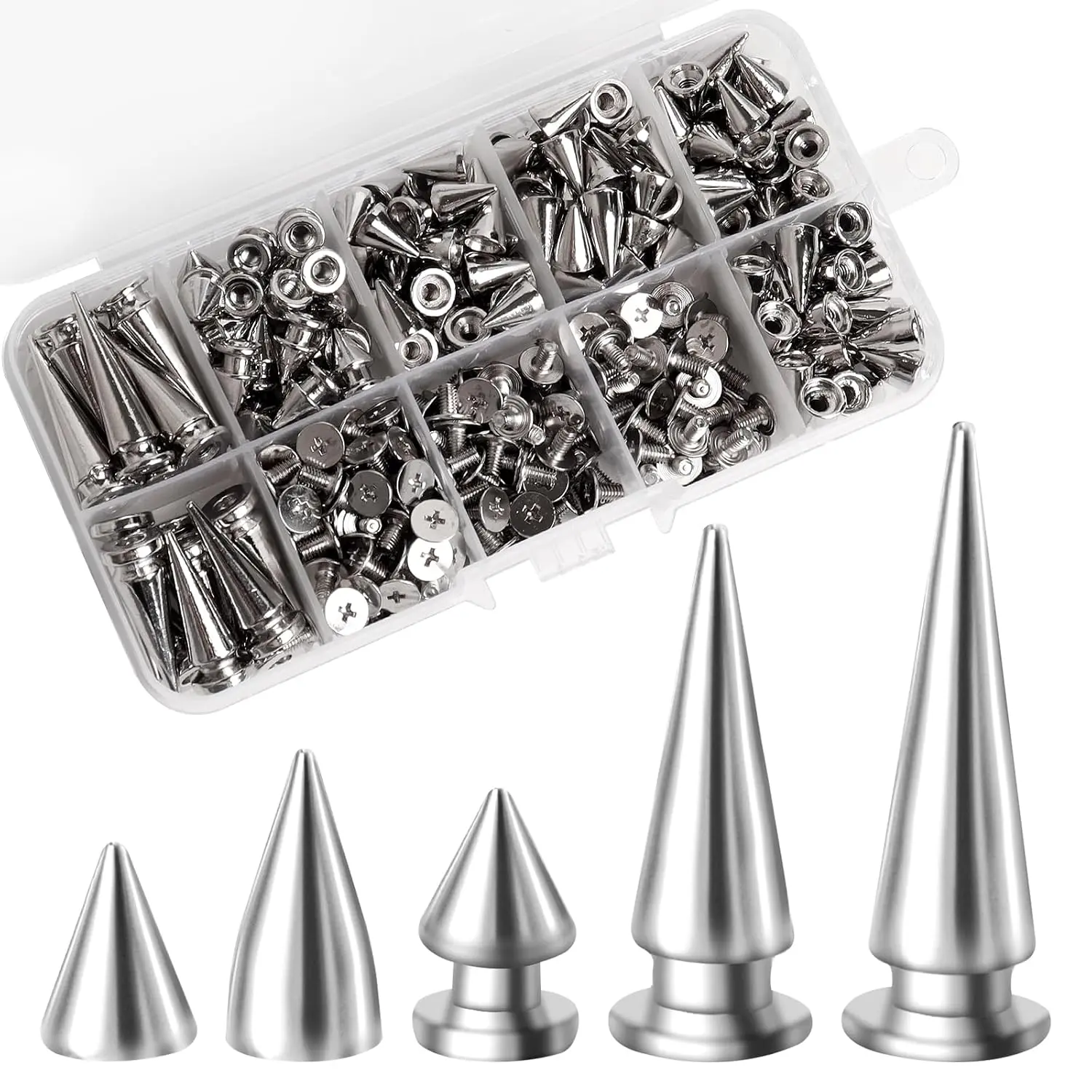 200 Sets Cone Spikes and Studs  Metal Studs Rivets Studs for Clothing,Punk Spikes DIY Craft Decoration, Multiple Sizes in a Box