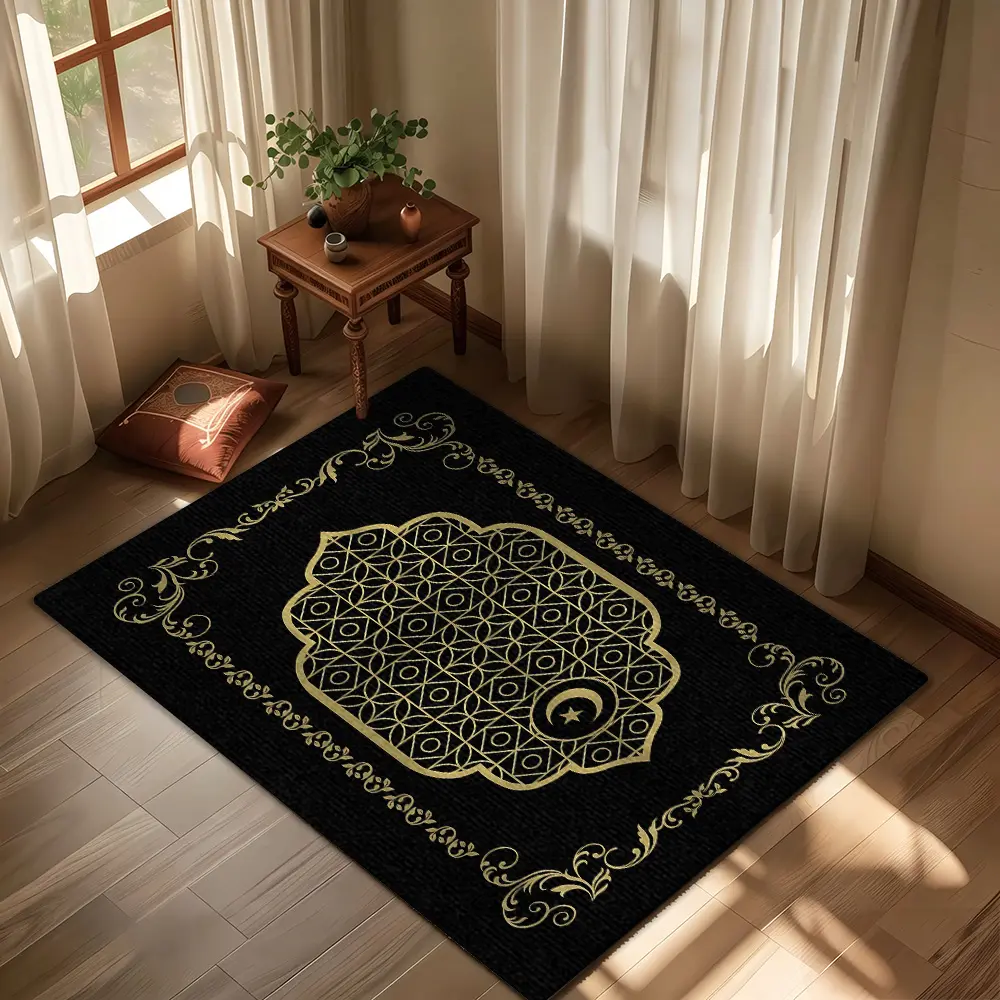 Islamic Crescent‑Star Golden Pattern Flannel Rug #MuslimPrayerRug #OrientalGoldenPatternMat #FlannelCarpet #Religious‑StyleDecor