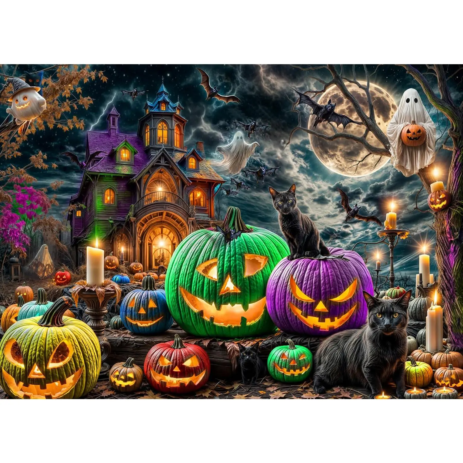 Halloween Puzzle 1000 Pieces for Adults – Gothic Puzzle with Haunted Houses, Ghosts, Pumpkins, Black Cats – Halloween Jigsaw Puzzles - 'Spooky Night'