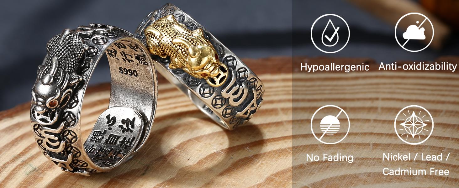 MILACOLATO Feng Shui Pixiu Mantra Ring 925 Sterling Silver Feng Shui Ring Protection Lucky Amulet Wealth Health Buddhist Vintage Adjustable Pixiu Ring for Women Men