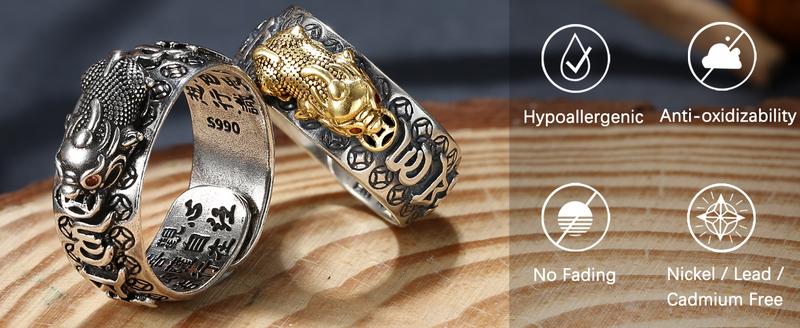 MILACOLATO Feng Shui Pixiu Mantra Ring 925 Sterling Silver Feng Shui Ring Protection Lucky Amulet Wealth Health Buddhist Vintage Adjustable Pixiu Ring for Women Men