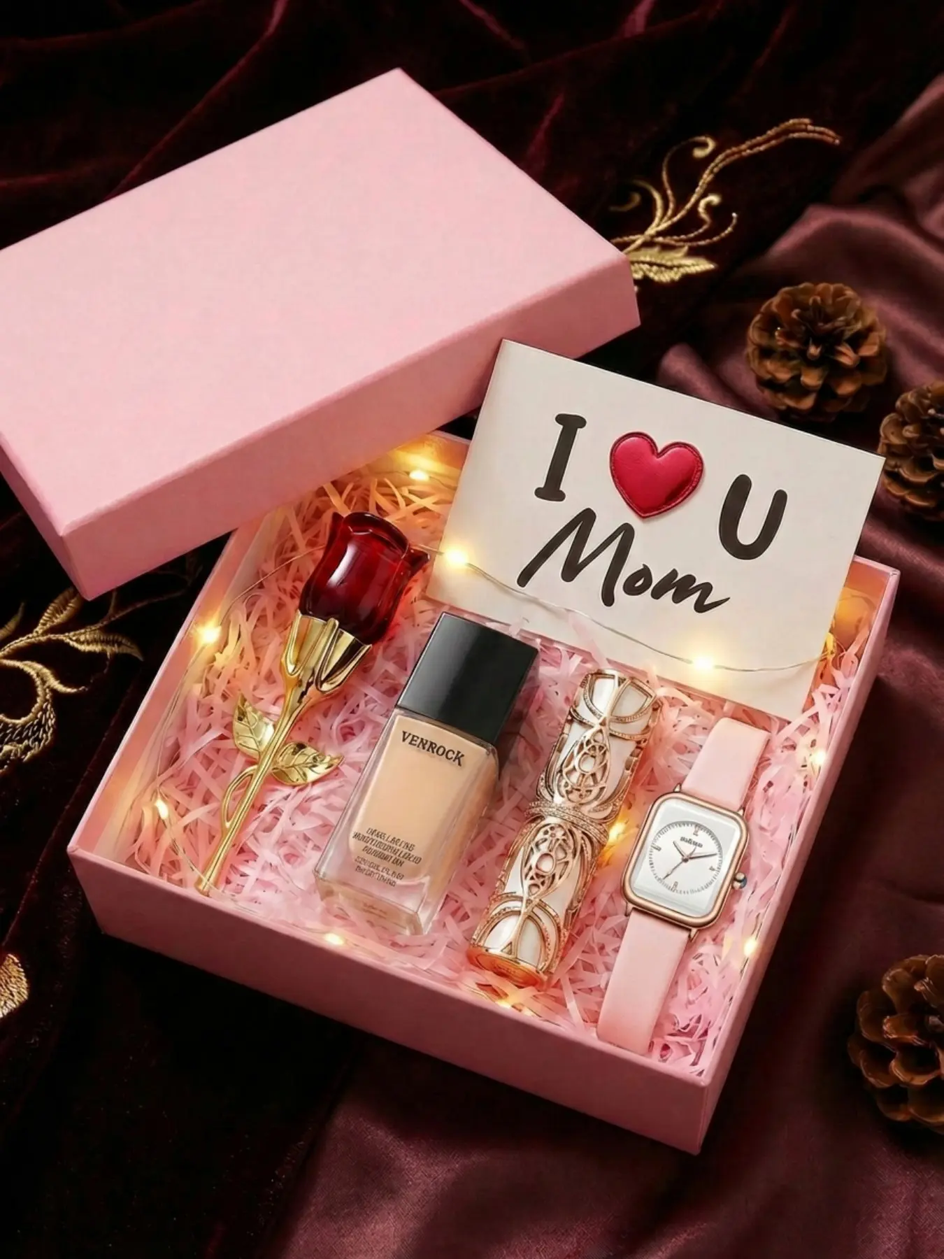 6-piece set of women's pink tape, soft, white face, refreshing, simple, sweet, cute, gift giving for Mother's Day, matching rose perfume lipstick, liquid foundation, greeting card light band, combined quartz watch set