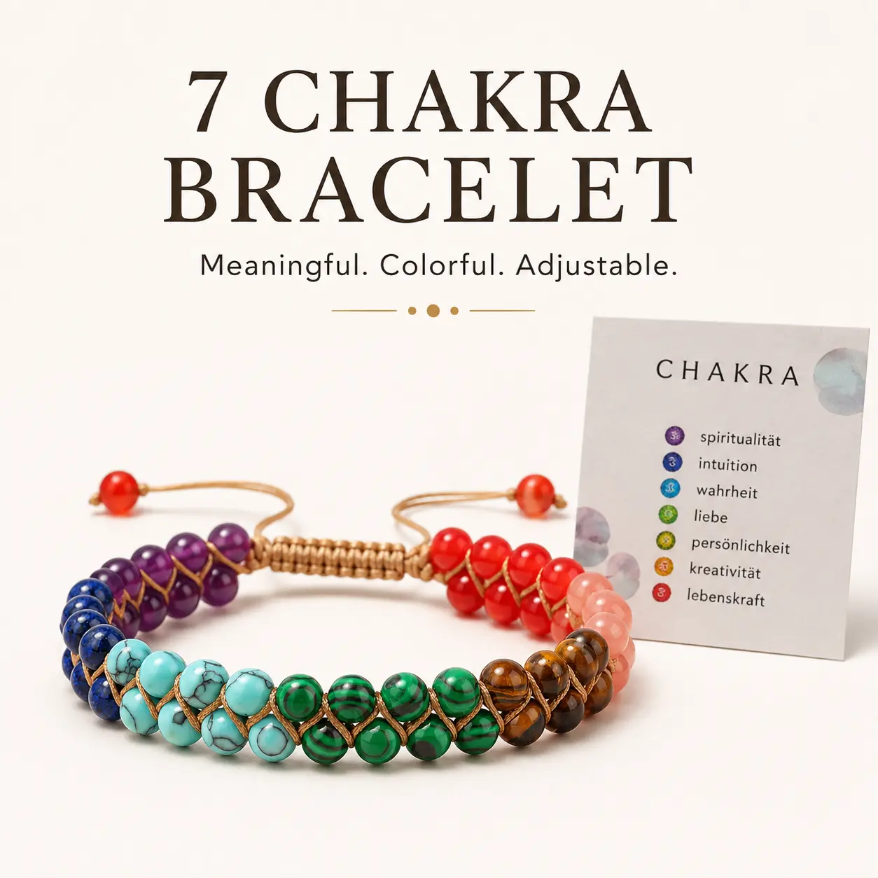 Women's 7 Chakra Crystal Beaded Bracelet - Colorful Gemstone Bangles, Adjustable Woven Cord, Comfortable Fit, Spiritual Boho Daily Jewelry, Gift with Meaning Card, 7 Chakra Bracelet - With Card