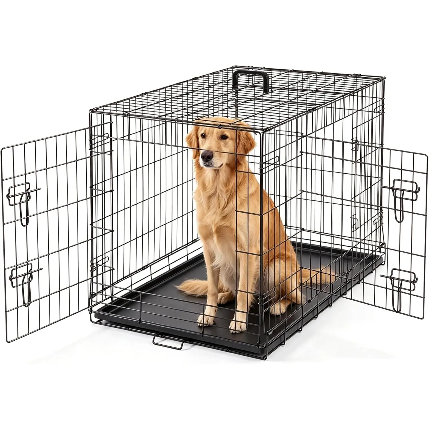 36 Inch Dog Crate, Foldable Small Medium Dog Cage Pet Kennel |   Double Door Metal Wire, Plastic Leak-Proof Pan Tray, Portable Indoor Outdoor Training Travel