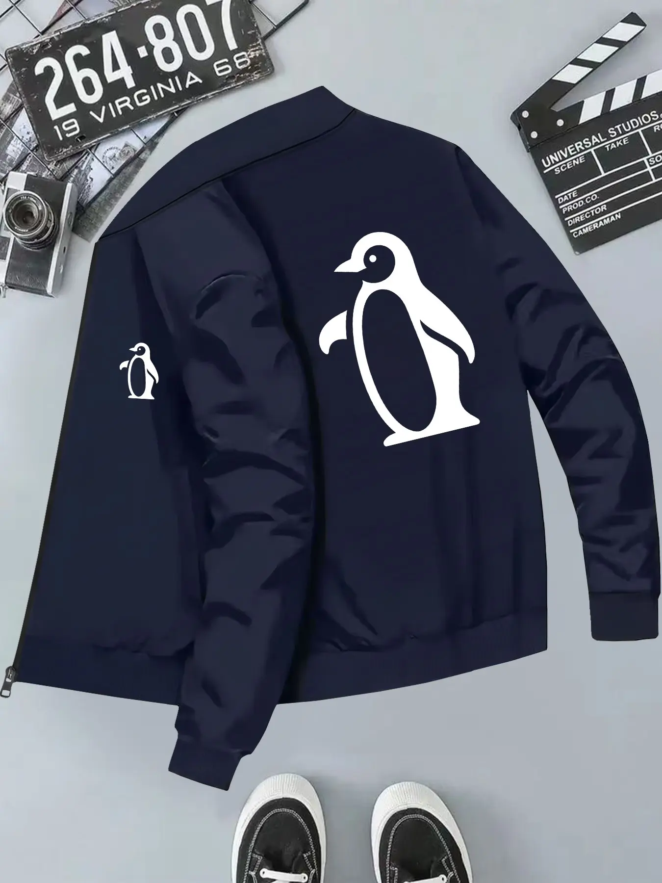 Adorable Penguin Print Men's Hooded Casual Jacket, Long Sleeve Slim Fit, Geometric Pattern, All Seasons Wear