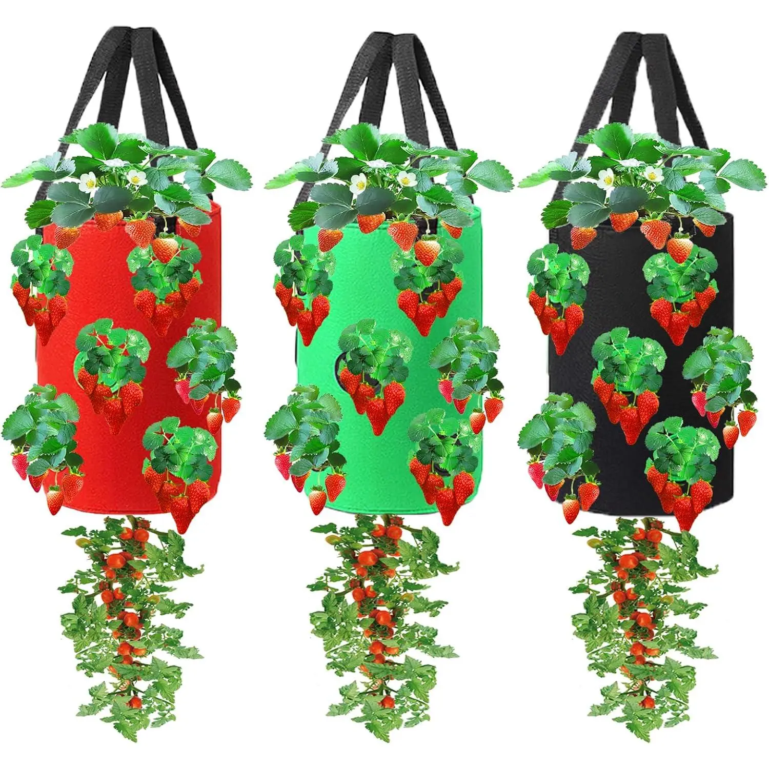 3 Pieces Upside Down Tomato Planter, 3 Gallons Grow Bags Hanging Strawberry Planter Strawberry Tomato Potato Vegetable Planting Bag with 13 Holes(Red+Green+Black)
