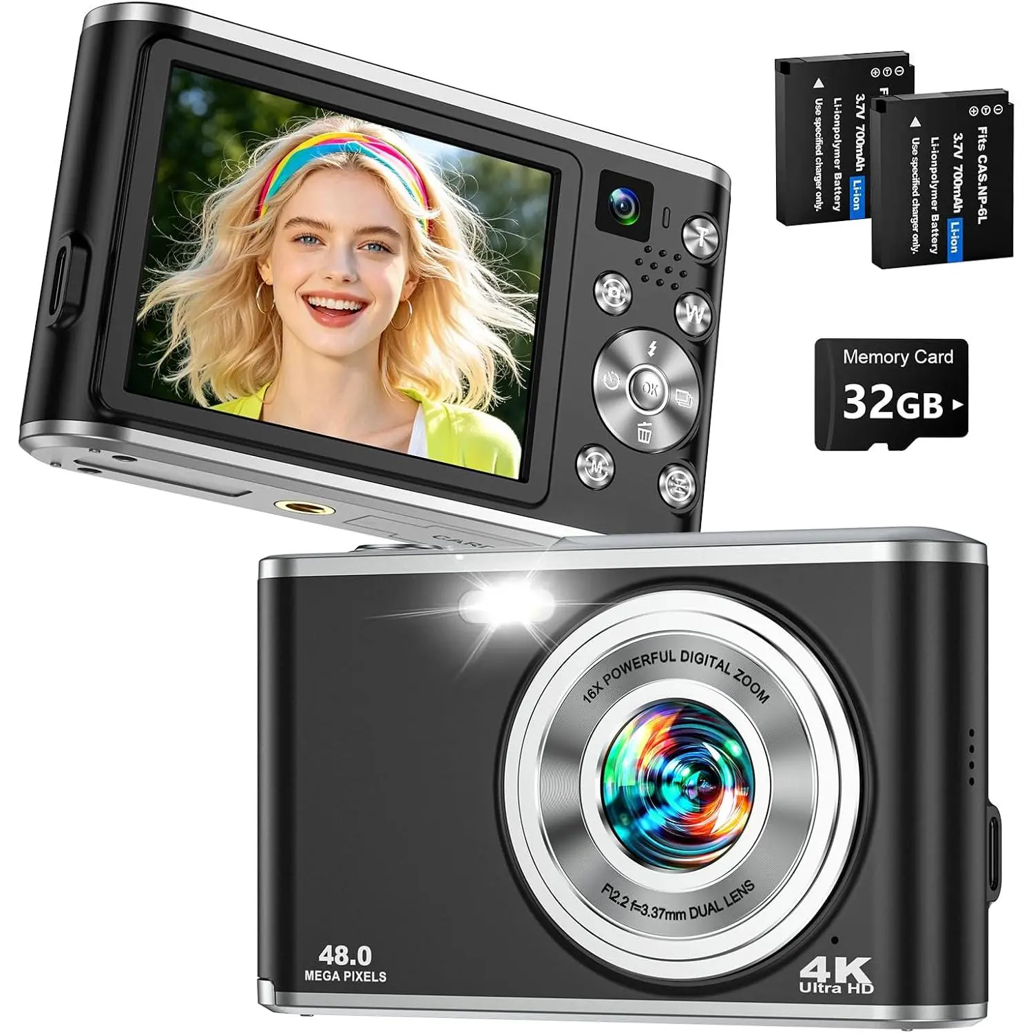 4K Digital Camera for Photography 48MP  Lens Autofocus 16X Zoom, Black | Compact with Anti-Shake, Flash, 2.8" Screen, Vlogging Camera for YouTube Travel Selfies, Beginners, 32GB Card, 2