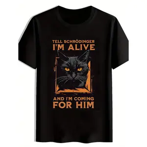 Quantum Mechanics Meme Print Casual Crew Neck Men's T-Shirt, Cat Pattern Men's Top, Gift for Quantum Enthusiasts, Fun T-Shirt for Friends, Halloween Party Novelty Shirt, Orange-Eyed Black Cat Print Men's Clothing, Fun Gift, Casual W
