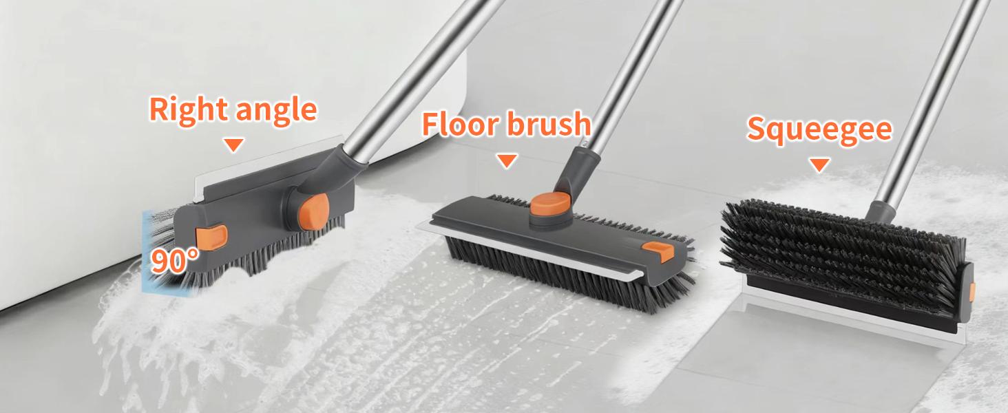 3 in 1 Floor Scrub Brush,Floor Scrubber with Squeegee and Tweezer, Push Broom with Long Handle,Heavy-Duty Stiff 90 °   Bristle Broom for Patio,Shower, Garage,Deck,Tile, Concrete & Wood Surface