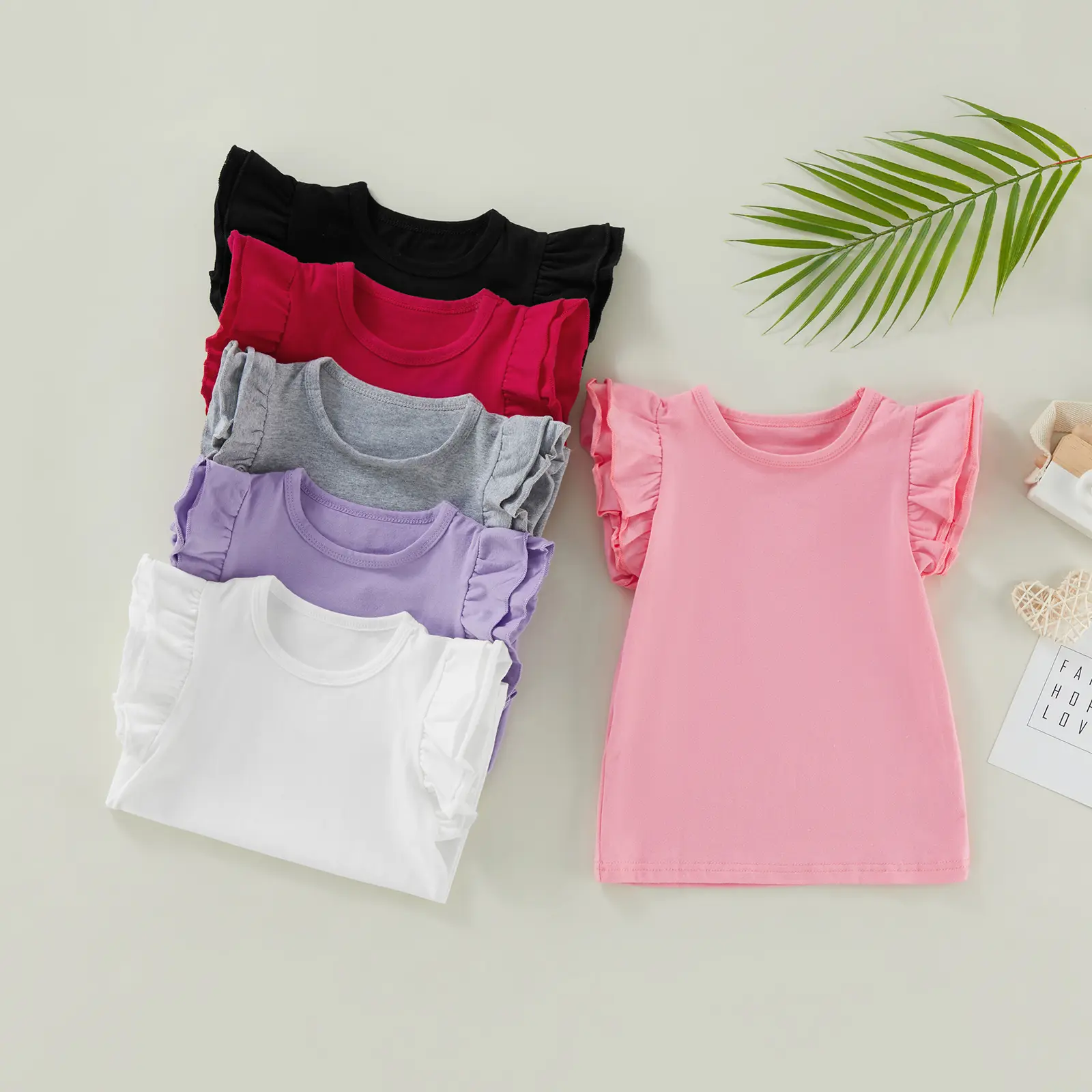 Infant Newborn Baby Girl Cotton Clothes Solid Color Flying Sleeves Crew Neck T Shirt Tops Kids Summer Casual Outfit 0-6T, Daily Wear