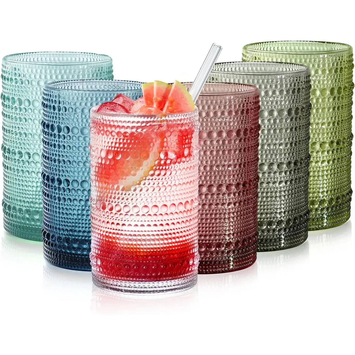 15oz Colored Hobnail Drinking Glasses, Vintage Glasses Drinking Set of 6, Embossed Beaded Glass Cups for Kitchen, Beer, Juice, Cocktail, Whiskey, Milk