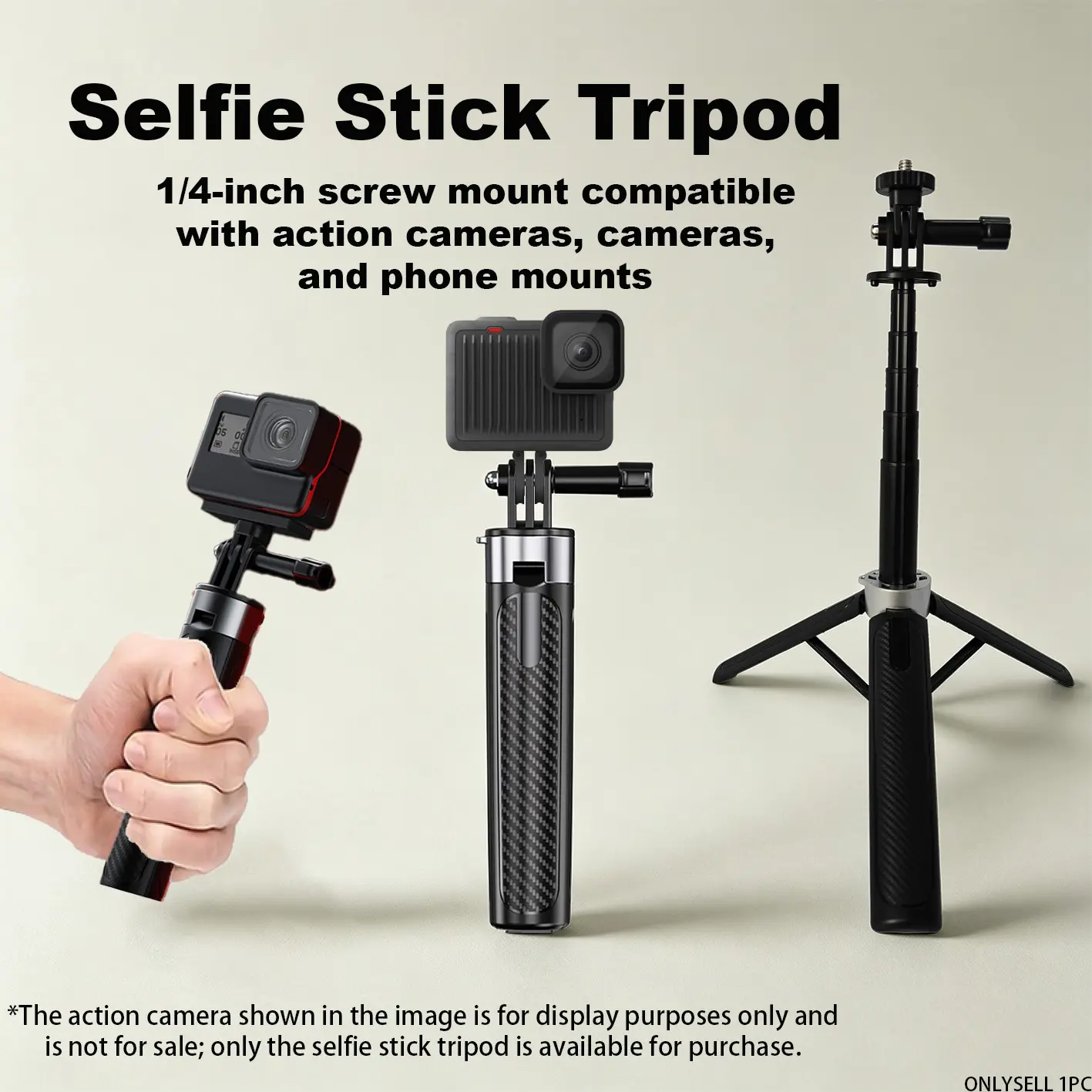 60cm Multi-Mode Sports Camera Tripod, Portable Handheld Floor Stand for Gopro-Like Cameras, Dual-Use Support Bracket
