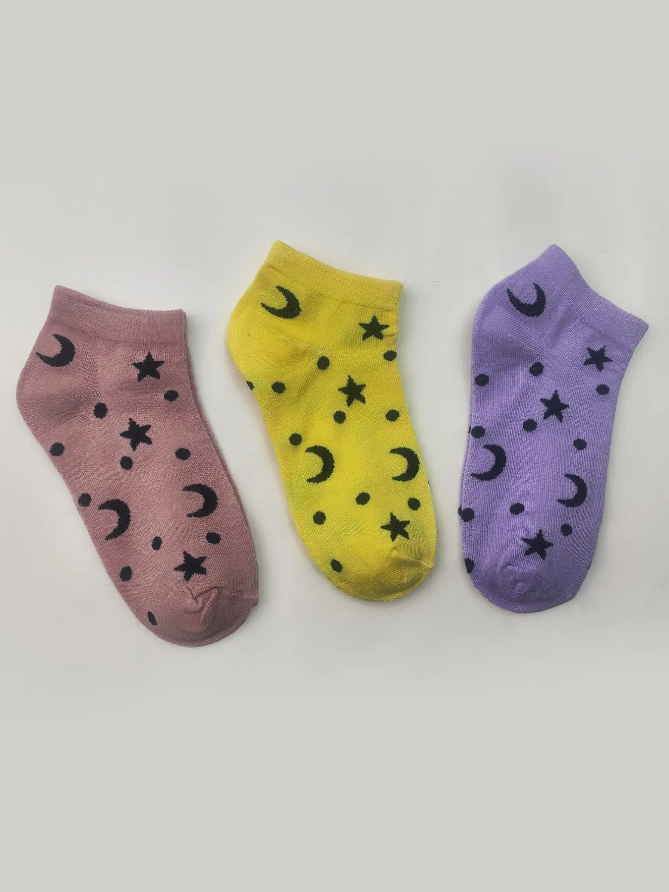 3 Pairs Women's Socks, Star Moon Pattern Low Top Crew Socks, Casual Home Office Wear, Comfortable Ladies Socks for Daily Use