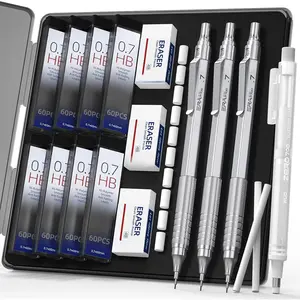0.7mm Mechanical Pencil Set, 3  Metal Drafting Pencils with 480 HB Lead Refills, Precision Eraser Pen, 4B Erasers & Case, Mechanical Pencils for Writing, Drawing, Sketching & School