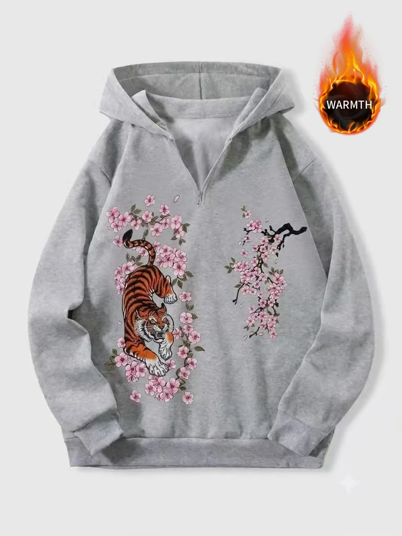 Traditional Japanese Tiger Cherry Blossom Print Half-Zip Hoodie, Thick Fleece Men's Streetwear, Eastern Design Casual Top