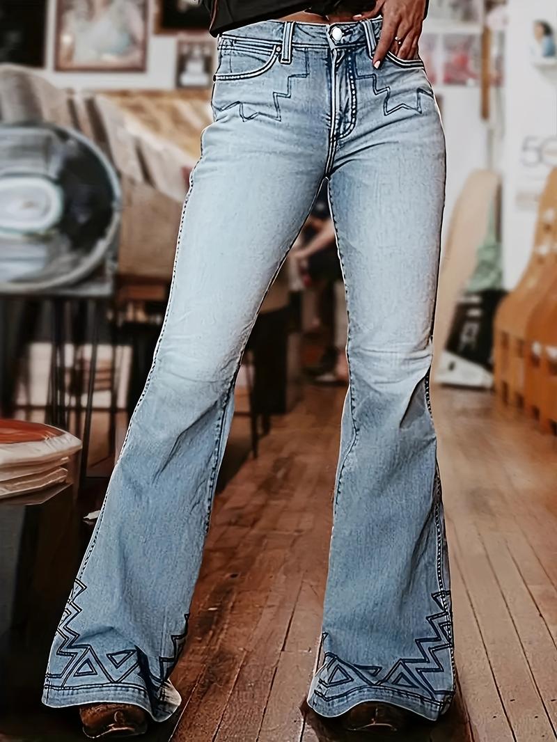Light Blue Denim High-Waisted Flare Jeans with Geometric Hem Design in Western Style for Women Trendy Fashion