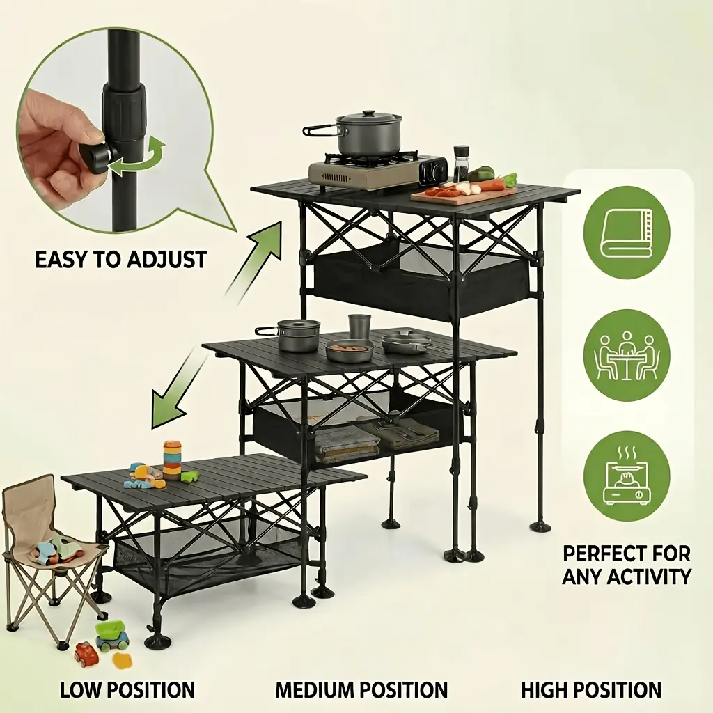 Portable Adjustable Folding Table with Storage Bag, Camping BBQ Folding Table, 46.4In, 37.4In, Multi-Size Selection, Picnic BBQ Table, Easy Style, Sturdy And Easy to Use, Portable Camping Gear, Outdoor Picnic, for Outdoor Cooking, Picnics, Camping