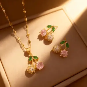 1/2/3pcs of Stainless Steel Chain Inlaid with Zirconia Cherry Pendant Necklace Earrings Fashion Jewelry, Low-Sensitivity And Non-Fading Stainless Steel Jewelry, Versatile, Elegant And Gorgeous Design Necklace Earrings Jewelry