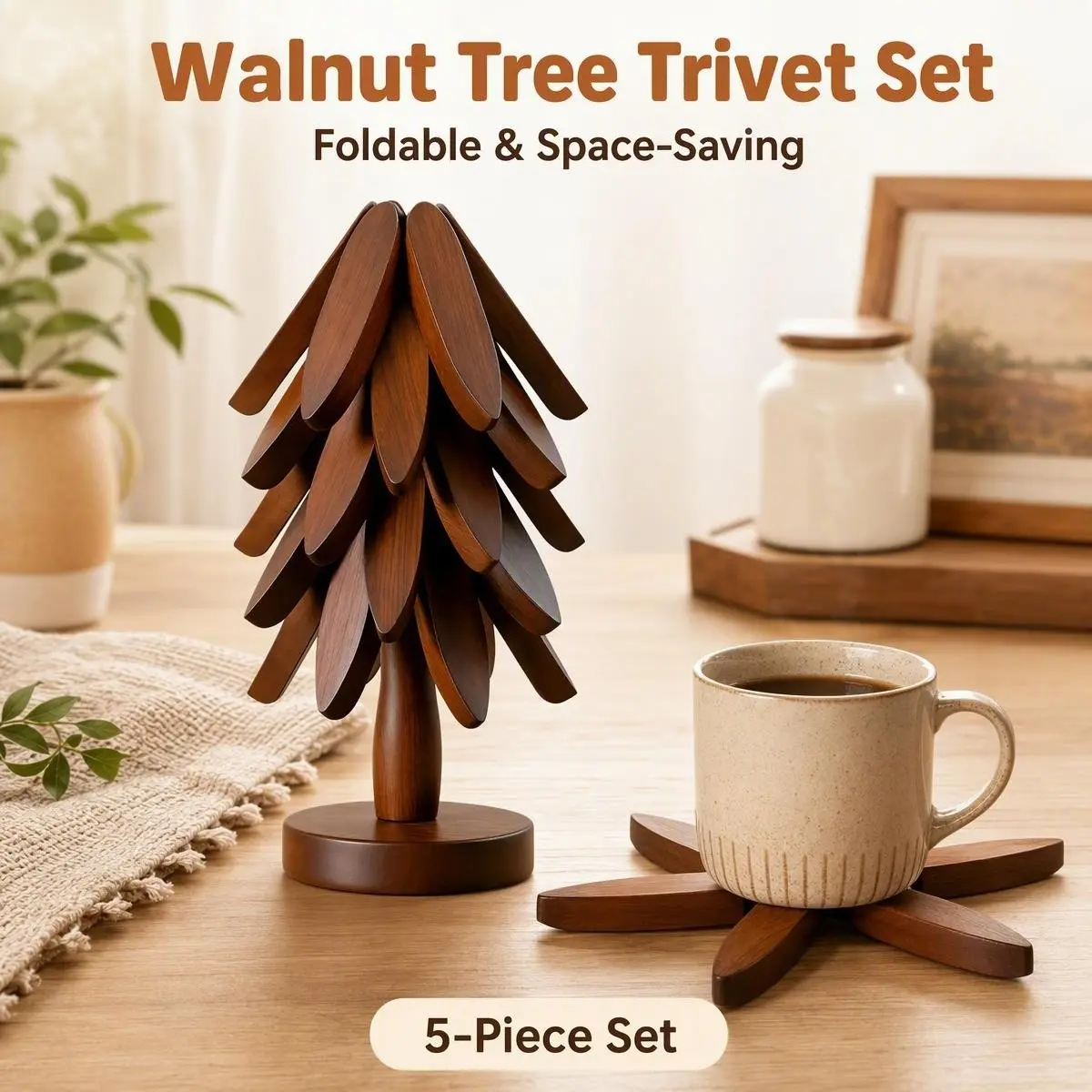 Natural Walnut Heat Insulating Pad Set, 5 Pcs + Storage Stand, Foldable Pot Mat, Kitchen Table Protector, Anti-Scald, Practical Kitchen Tool, Wooden Trivet Set