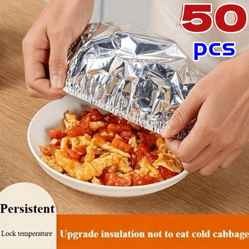 50pcs Reusable Aluminum Foil Elastic Food Covers - Aluminum Foil Covers, Kitchen Freshness Preservation Film Covers, Suitable for Bowls, Plates, Dishes - Keep Food Warm, Fresh, Food Preservation Equipment, Foil for Baking, Foil for Food