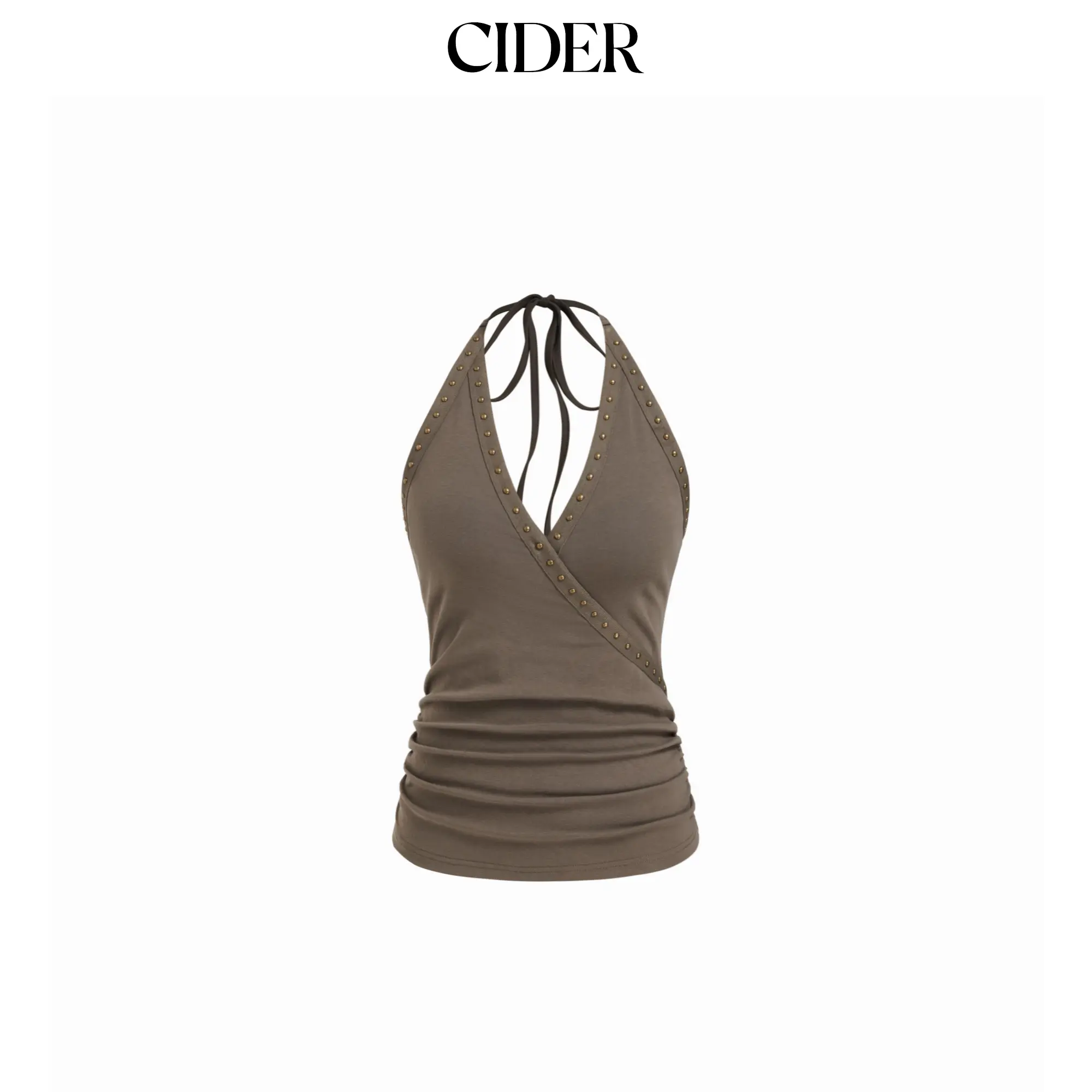 Cider Cotton-blend Ruched V-Neck Rivet Halter Top SummerWins SummerFinds