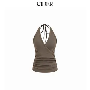 Cider Cotton-blend Ruched V-Neck Rivet Halter Top SummerWins SummerFinds
