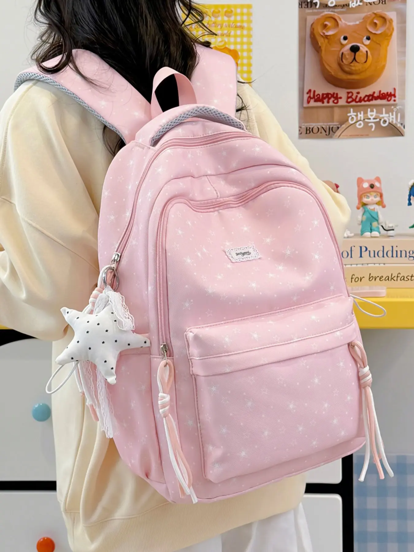 1pc Light Pink Star Teen Backpack, Student Backpack, Neat Reinforced Stitching Spacious Inner Storage Lightweight Comfortable Structure, Can Hold Textbooks, Skincare Products And Daily Sundries, Suitable For School Attendance, Short Journeys, Bookbag