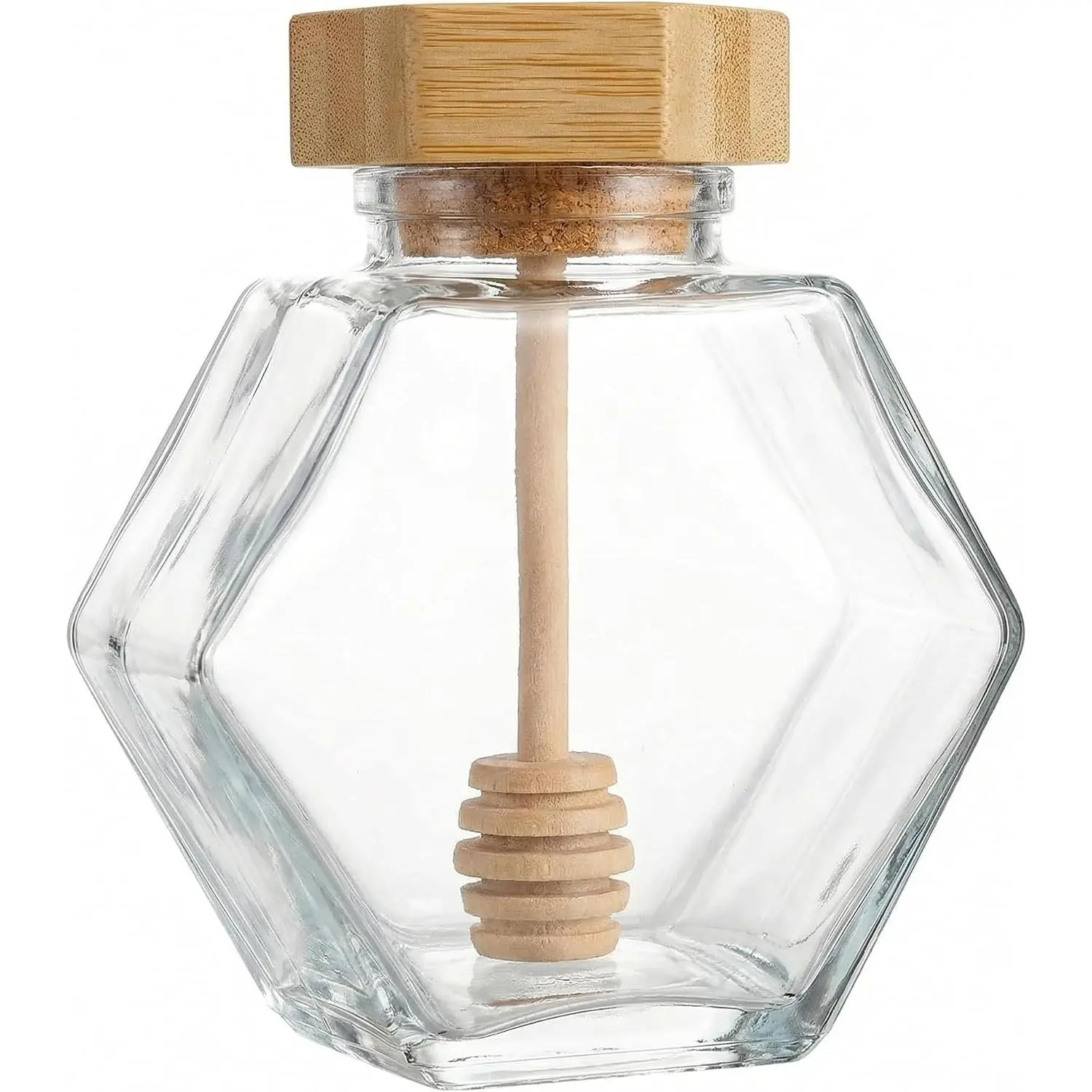 Rustic Hexagonal Glass and Wooden Honey Pot Jar with Wooden Dipper Sticks and Lid, 220ml, Clear, 9.5x10.5x5cm,  for , Kitchen and Restaurant