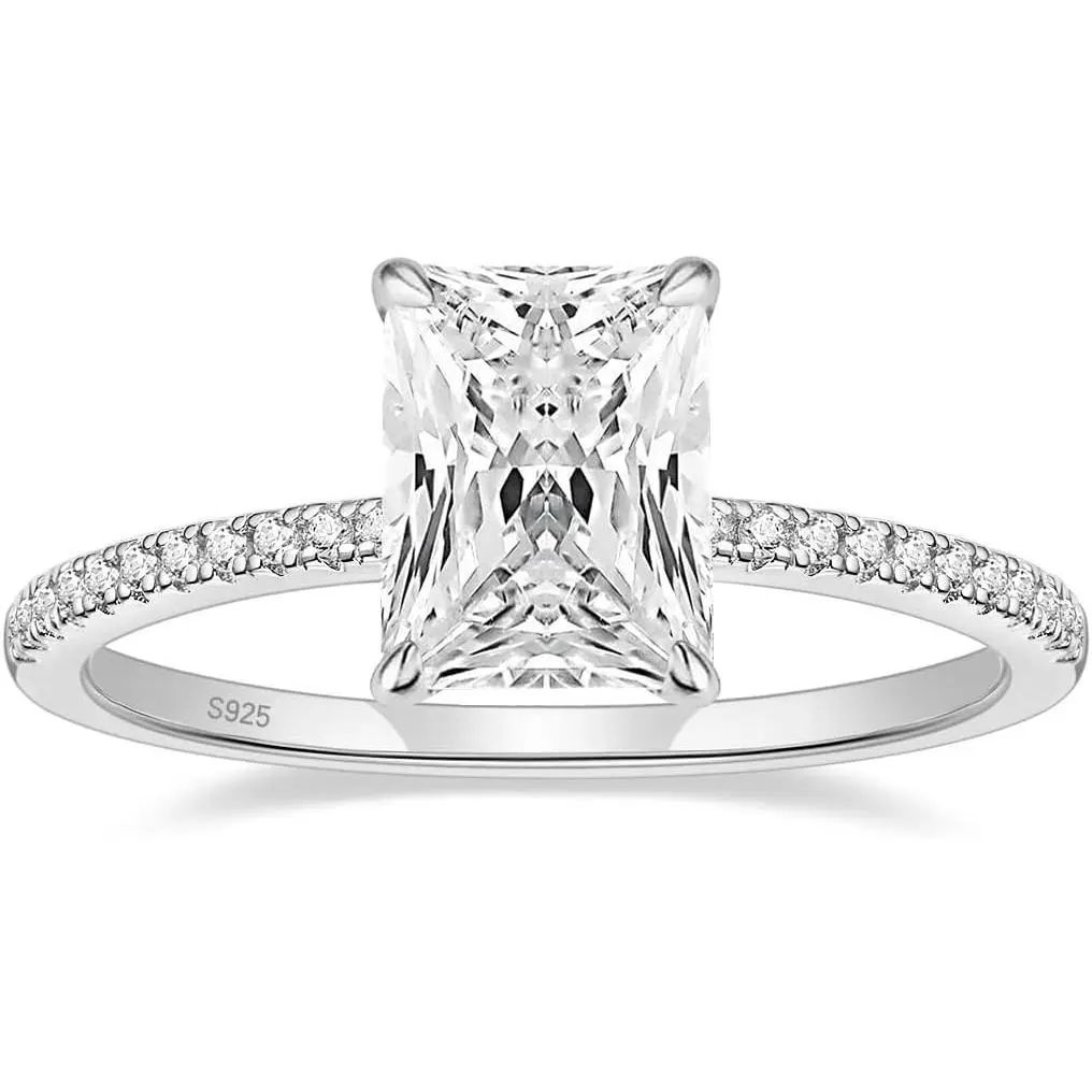 Women's Fashion 925 Sterling Silver Single Stone Engagement Ring - 1/2/3/4CT Radiant Cut Cubic Zirconia Solitaire Promise Ring for Her, Sizes 3-11, Size 3-11
