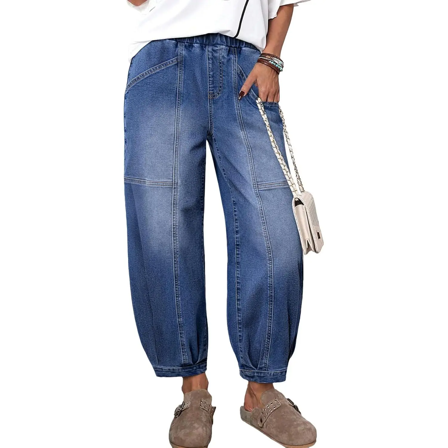 Sidefeel Women's High Waisted Barrel Jeans - Trendy, Elastic, Basic Casual Wear Bottoms with Pockets, Wide Leg, Relaxed Fit, Stretch Denim, Cropped Ankle Harem Pants, Stretchy
