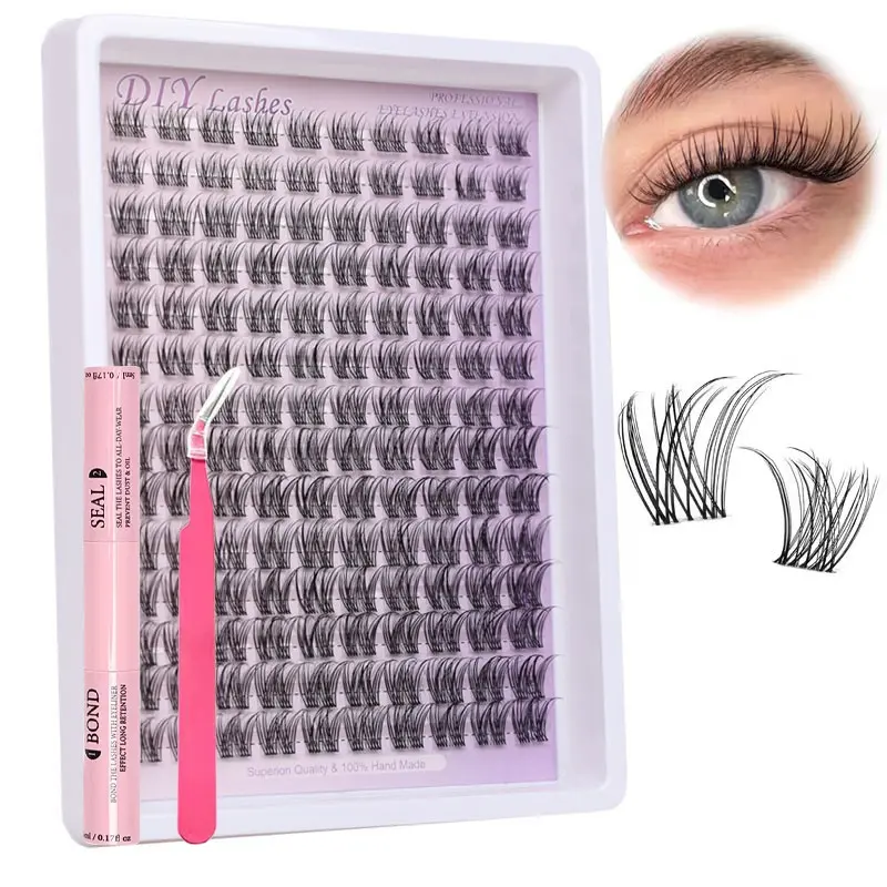 14 rows of natural single false eyelashes, 140 clusters DIY tassel shaped clustered false eyelashes+double head glue+special eyelash clip set, single false eyelashes 8-16mm cartoon style fish tail style, C curly
