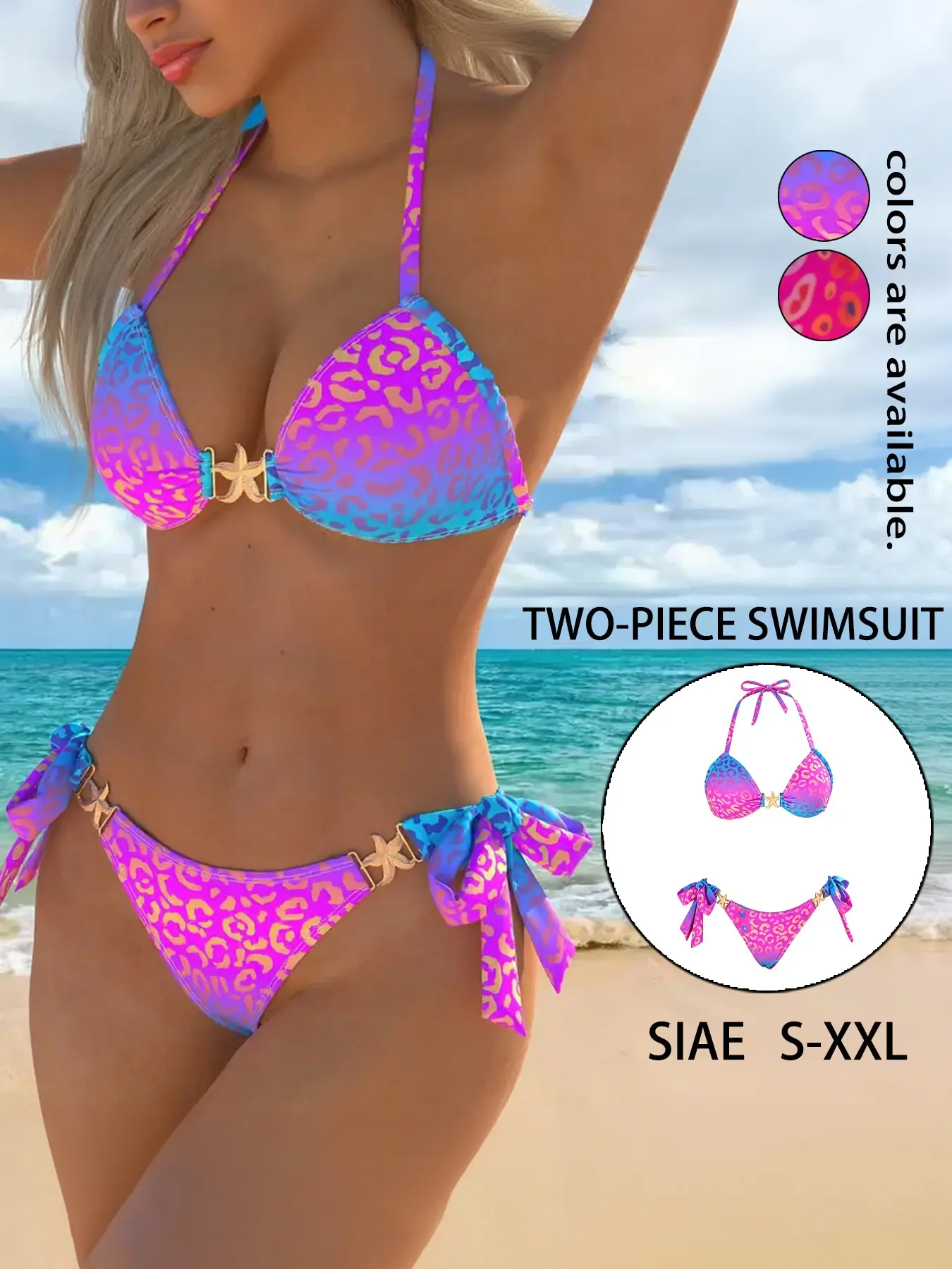 2-Piece Tight-Fit Backless Swim Top Swimsuit Set, Full-Body Trendy Bikini Digital Print, Sexy Slimming Beach Vacation Swimwear for Women