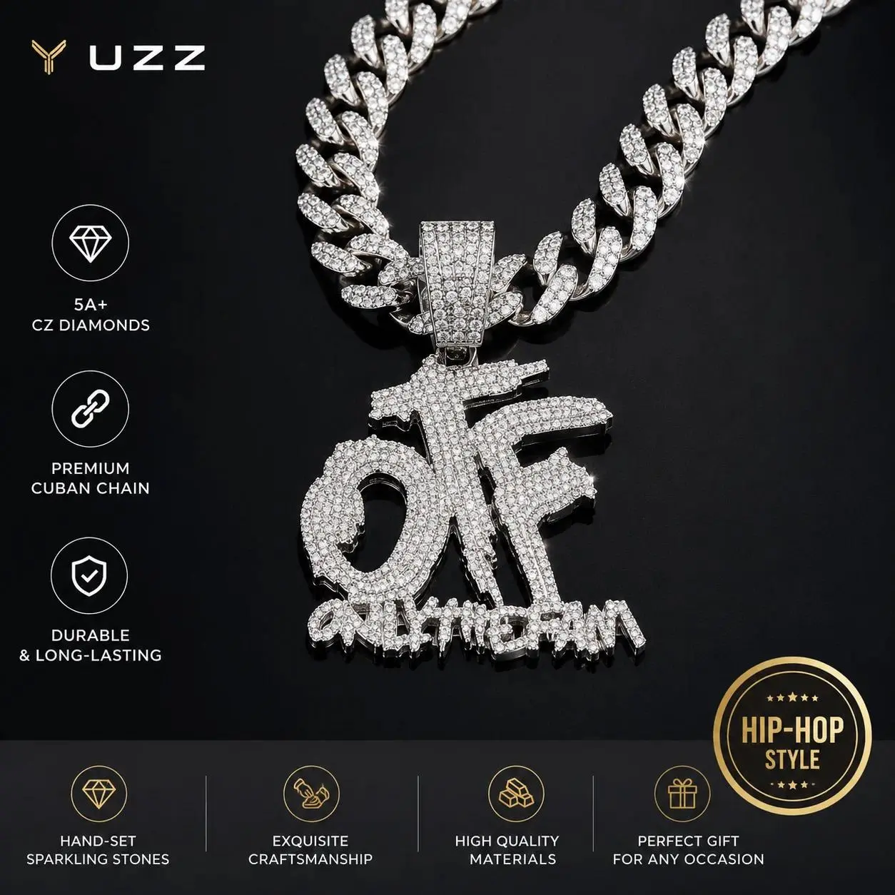 Men Hip Hop OTF Only The Family Letter Pendant, Fully Iced CZ Diamond Bling Charm with 12mm Cuban Chain, White Gold Plated Trap Streetwear Necklace for Rappers Birthday Gift