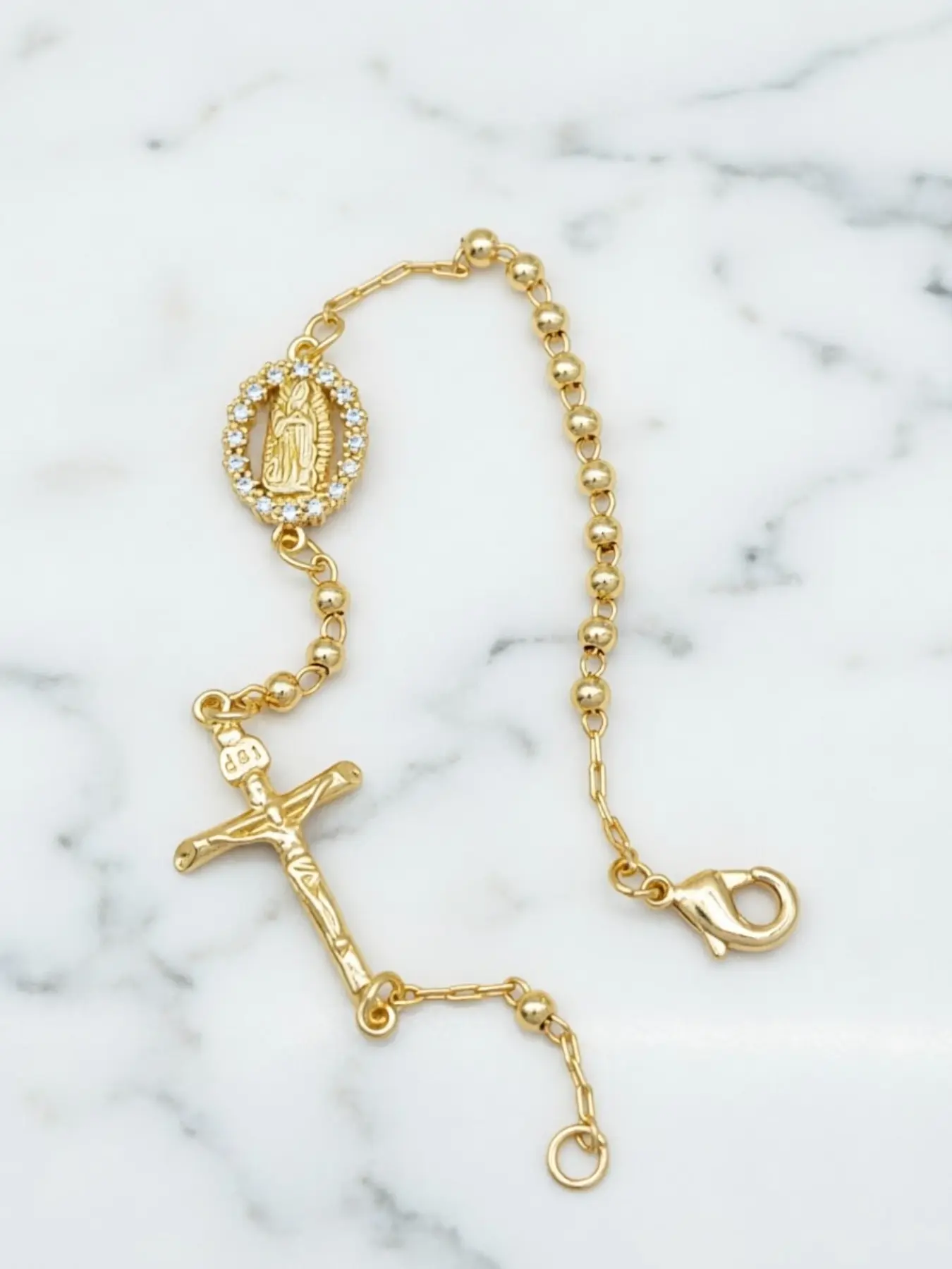Our Lady of Guadalupe Rosary Bracelet, Gold-Tone Plated CZ Inlaid Virgin Medal & Crucifix Beaded Chain, Hypoallergenic Anti-Tarnish Religious Spiritual Jewelry, Faith Gift for Men WomenGuadalupeBracelet  RosaryBracelet  VirginMaryJewelry CrucifixBracelet