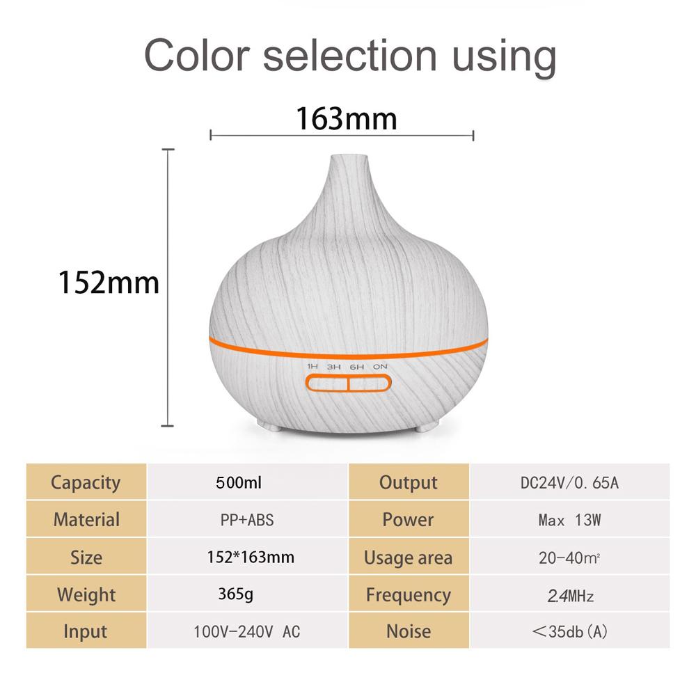 500ml Aromatherapy  Diffuser Wood Grain Remote Control Ultrasonic Air Humidifier Cool 7 Color LED Light