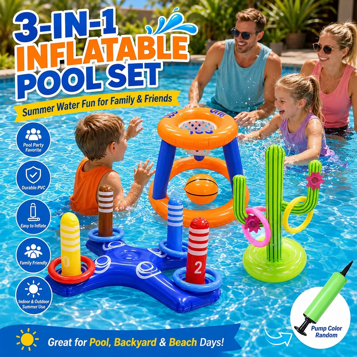 3-in-1 Inflatable Pool Activity Set, Floating Basketball Hoop, Ring Toss & Cactus Toss Target,  Durable PVC Water Sports Set with Random Color Pump, Colorful Rings and Ball for Kids Adults Family Summer Pool Party Backyard Beach