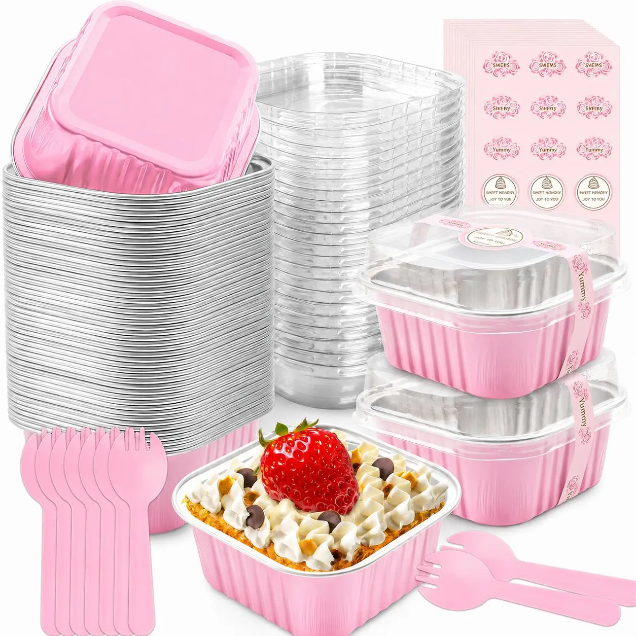 25-Pack 5oz Pink Disposable Square Aluminum Foil Mini Pastry Cups Set with Snap Lids, Mini Forks, Decorative Stickers, Baking Utensils & Pans for Custard, Cake, Party Favors, Wedding & Picnic Stackable Portable Bakeware