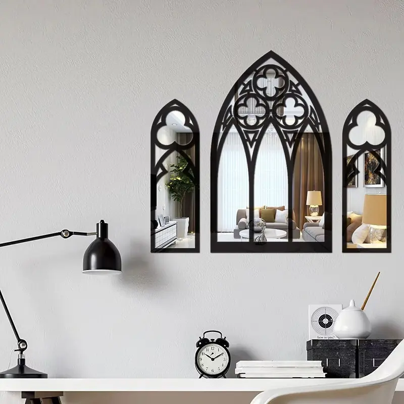 Acrylic Mirror Wooden 3 Sets, Gothic Baroque Cathedral Decorative Wall Mirror, Elegant Home Décor, Unique Artistic Design.