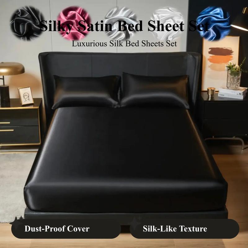 2/3pcs silky satin solid color fitted bed sheet set, dust-proof and dirt-resistant mattress cover, skin-friendly and breathable, cool and comfortable, silk-like bedding, Satin bed sheets, Cooling sheet set, suitable for bedroom/hotel, multiple sizes