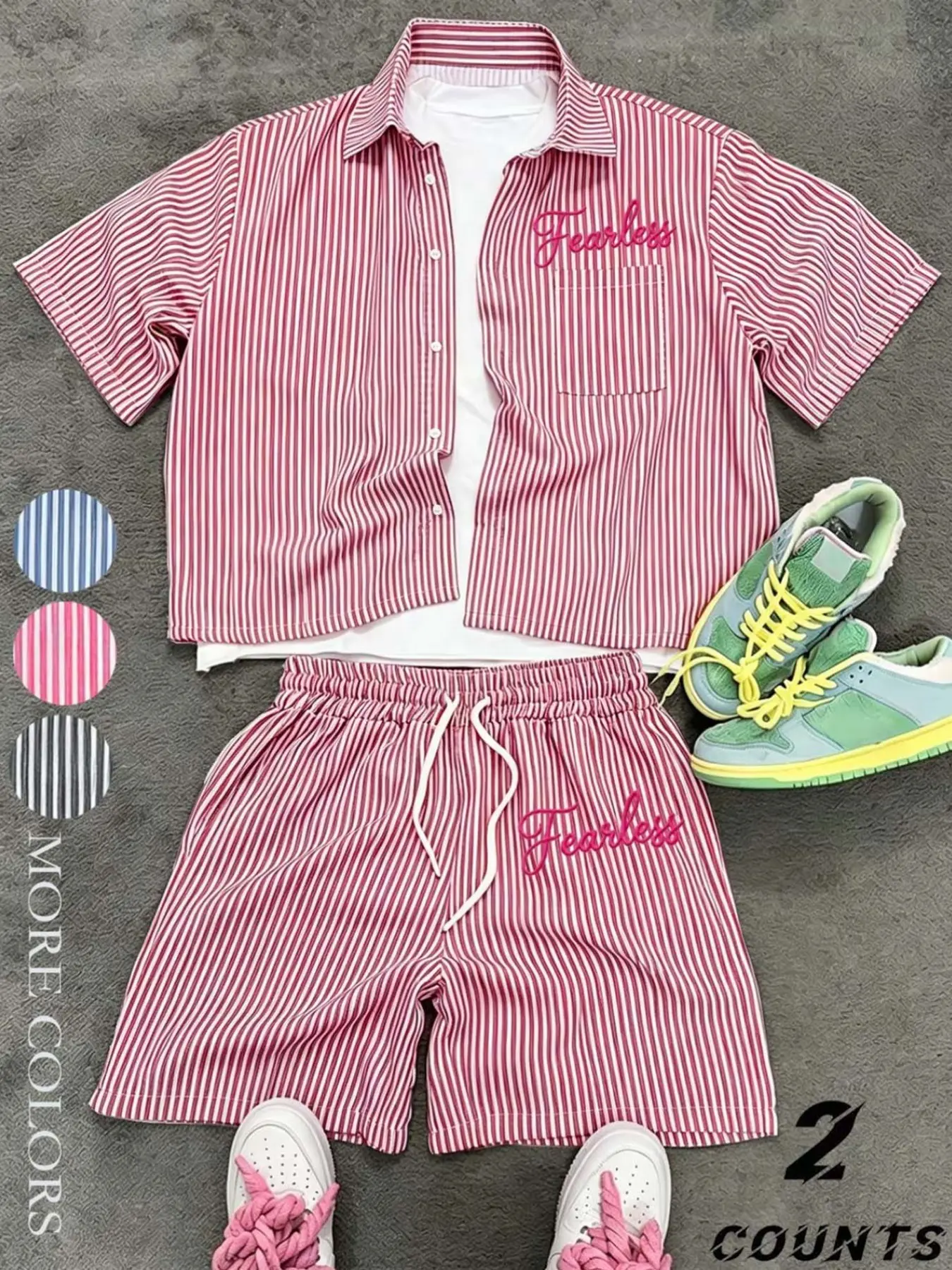Fearless Embroidered Striped Short Shirt and Shorts Set, Casual Loose-Fit Blouse with Pocket, Breathable Fabric, Korean Style