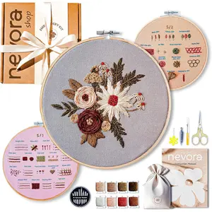 nevora shop 3 Hoop Embroidery Kit for Beginners Adults - 32 Stitches with 3 Projects, Stamped Patterns, Video Tutorial & Free Organizer Bag.