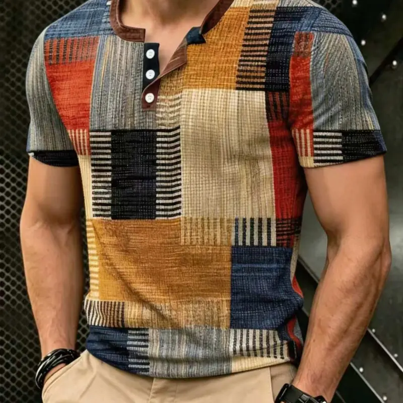 Men's Waffle Digital 3D Print Colorblock Outdoor Sport Casual Henley Neck T-Shirt, Long Sleeve, All Seasons, Plain Surface