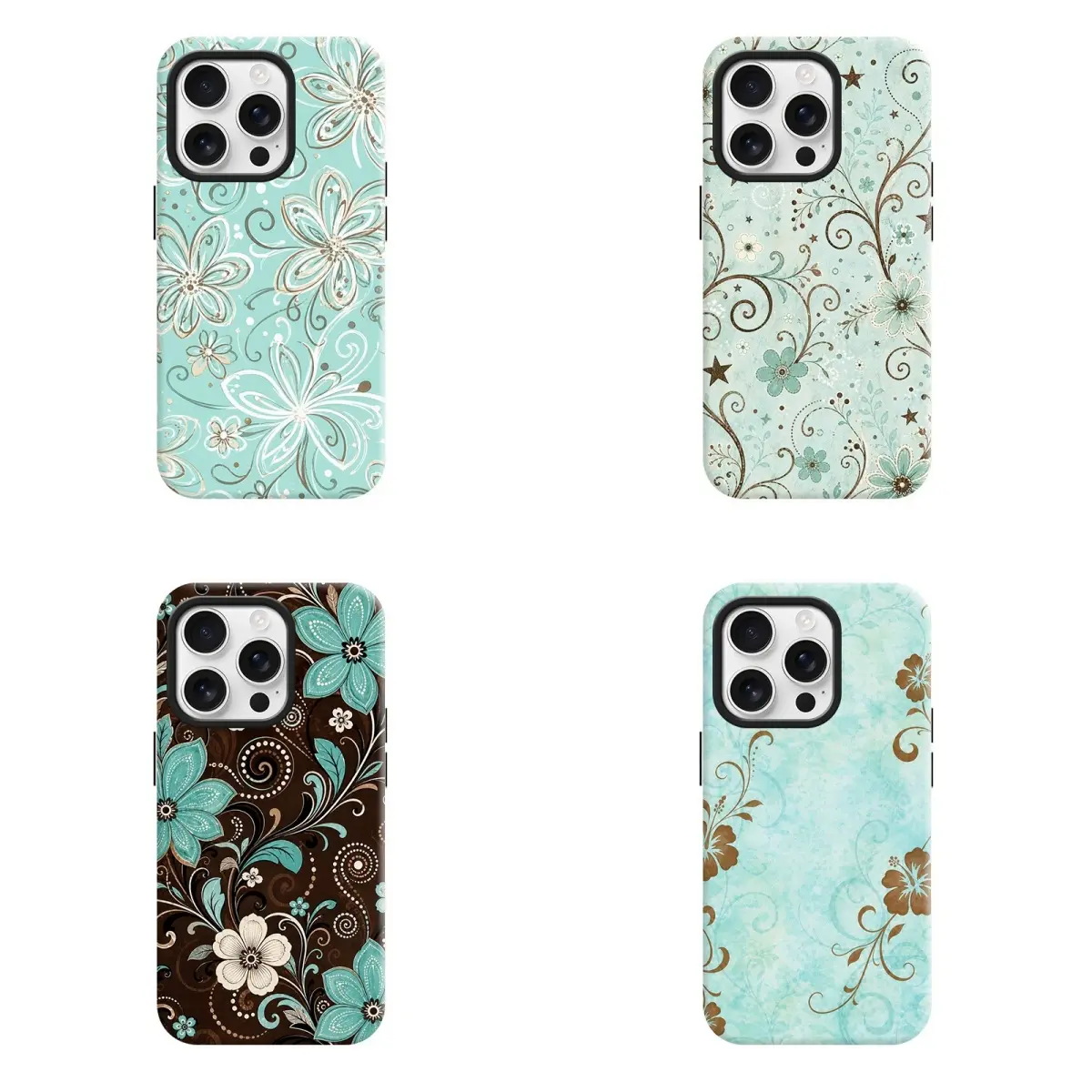 Vintage Turquoise Brown Floral Phone Case Compatible with iPhone 17 Pro Max,iPhone 16,iPhone 15,iPhone 14,iPhone 13,Retro Teal Flower Swirl Print Protective Hard Case for Women Aesthetic Boho Floral Design Cover