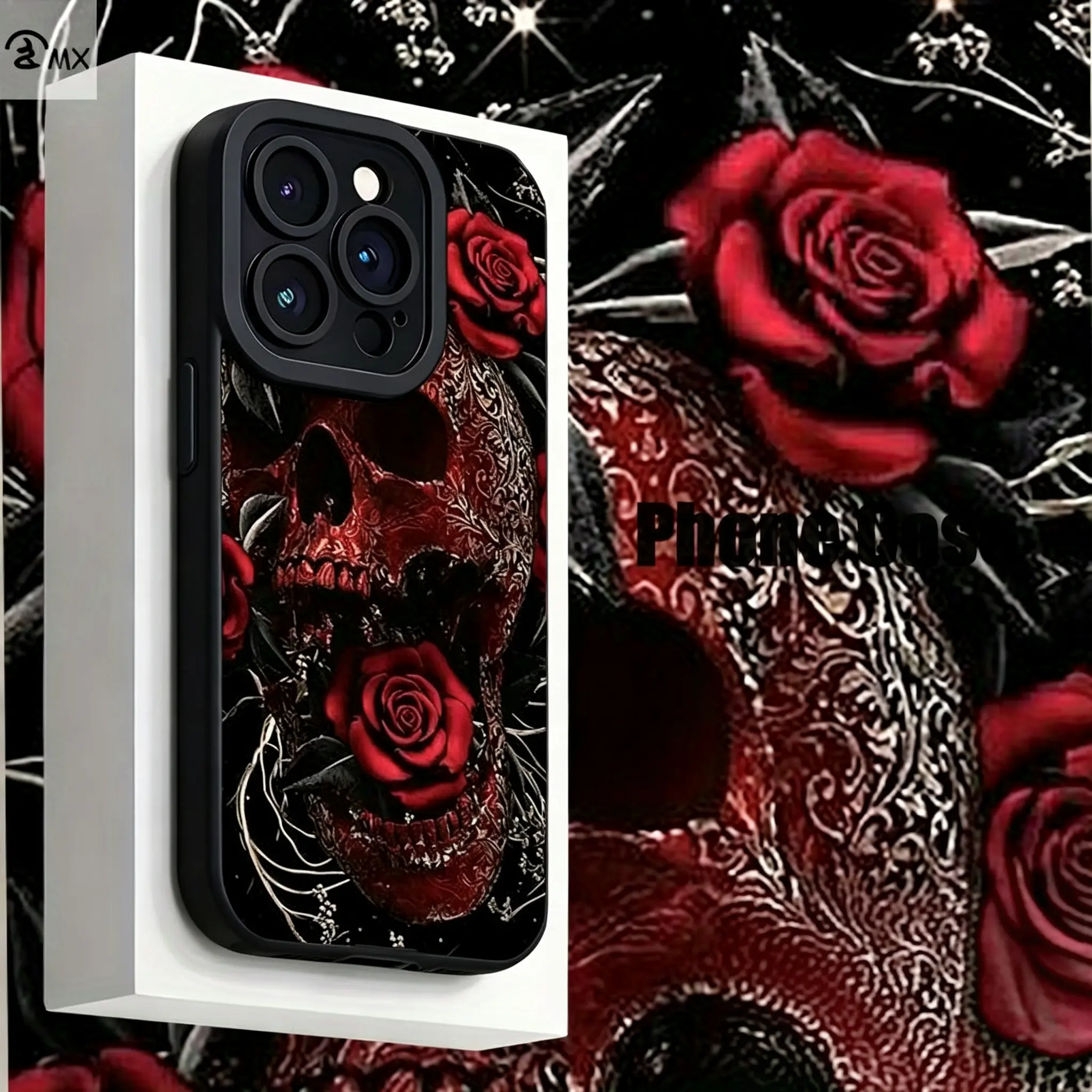 The red rose and skull art design is available for iPhone 16, 16 Plus, 16 Pro, 16 Pro Max, iPhone 15, and 15 Plus.