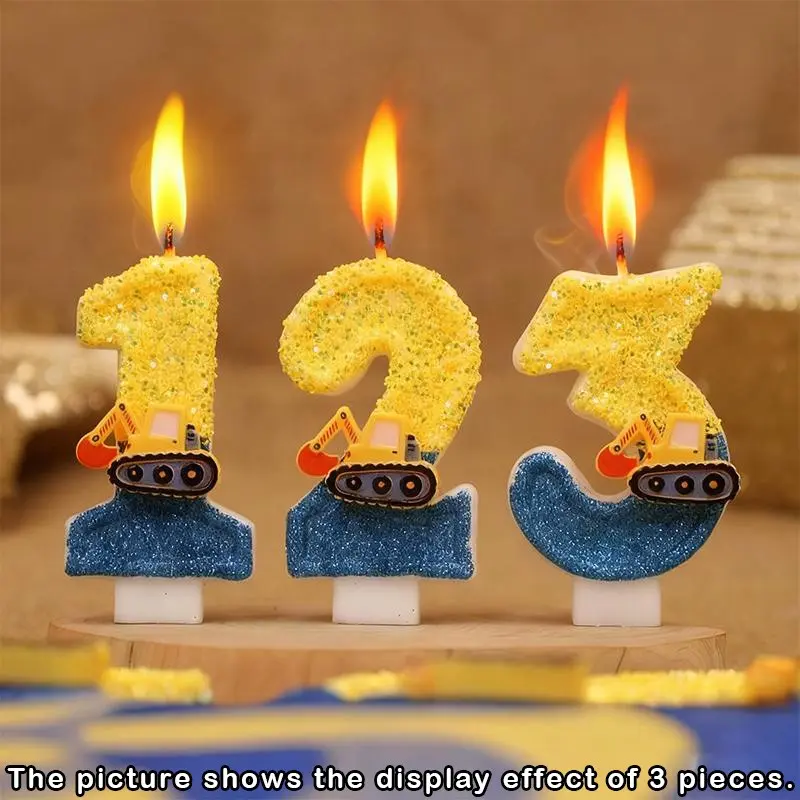 1pcs 3D Excavator Digital Birthday Candles - Handmade Sparkling Construction Vehicle Cake Toppers, Yellow and Blue Glitter Design, for Adult Celebrations, Graduation, Birthday, Housewarming, First Birthday, Anniversary, or Wedding Party Decorations